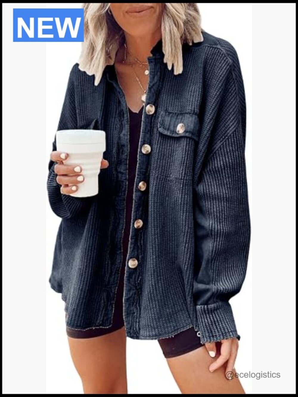Loose Fit Batwing Sleeve Waffle Knit Button Down Shirt Shacket Tops